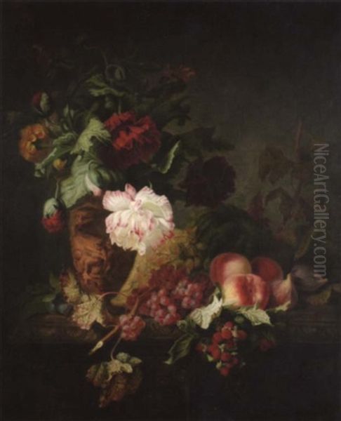 Stilleben Mit Ranunkeln, Pfingstrosen Und Obst Auf Einer Anrichte Oil Painting by Jean-Pierre Lays