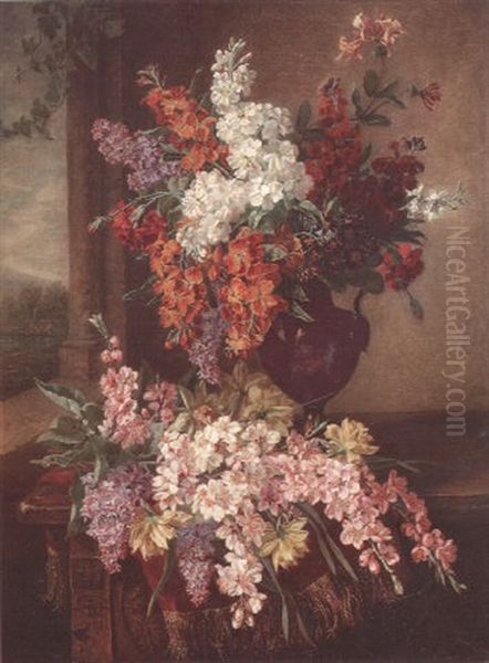 Stocks, Cherry Blossom, Carnations And Daffodils On A Draped Table Oil Painting by Jean-Pierre Lays