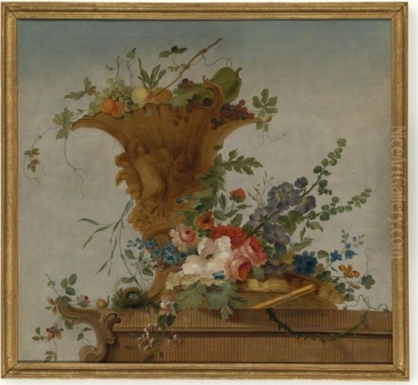 Fruits And Flowers In A Basket On A Ledge Oil Painting by Bruno Michel Bellenge