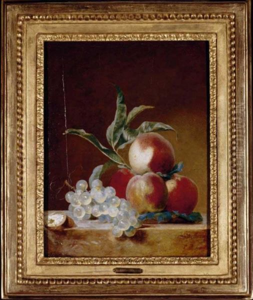 A Still Life With Peaches, Grapes And An Open Walnut On A Stone Ledge Oil Painting by Bruno Michel Bellenge