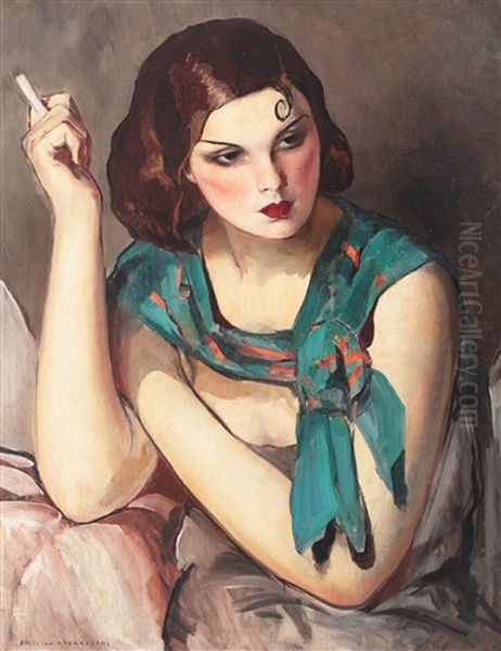 The Green Scarf Oil Painting by Emilian Lazarescu