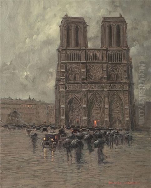 Notre Dame In The Rain Oil Painting by Emilian Lazarescu