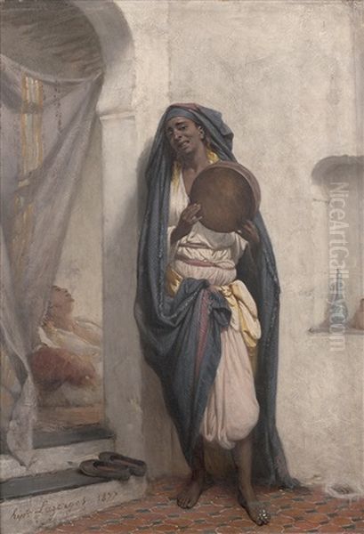 Interieur Algerien Avec Musicienne Au Tambourin Et Homme Fumant Derriere Un Rideau. Oil Painting by Jean Raymond Hippolyte Lazerges