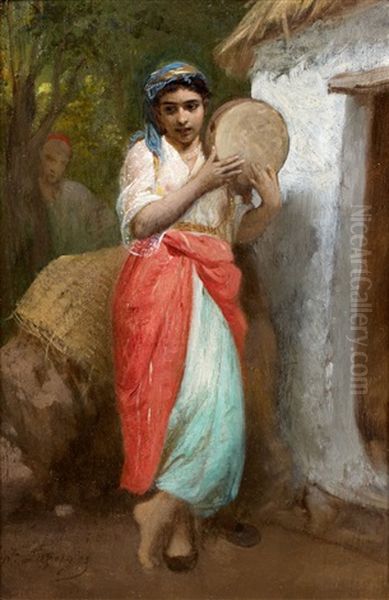 Jeune Algerienne Au Tambourin (tar) Oil Painting by Jean Raymond Hippolyte Lazerges