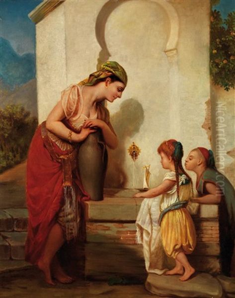 Famille Orientale A La Fontaine Oil Painting by Jean Raymond Hippolyte Lazerges