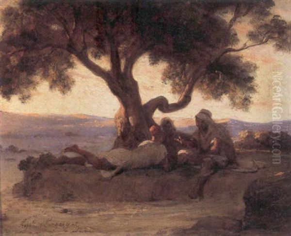 Tre Arabere I Samtale Under Et Trae Ved Solnedgang Oil Painting by Jean Raymond Hippolyte Lazerges