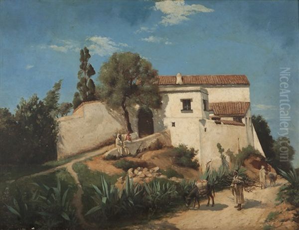 Figures Near A Hillside Compound, Morocco Oil Painting by Paul Jean Baptiste Lazerges