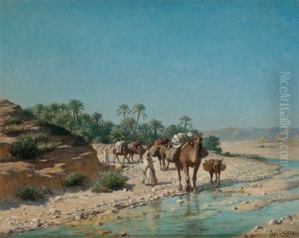 Caravane Franchissant Un Oued Oil Painting by Paul Jean Baptiste Lazerges