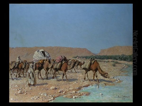 Kamelkarawane Bei Der Tranke An Einem Wadi-flusslauf In Der Wuste Oil Painting by Paul Jean Baptiste Lazerges