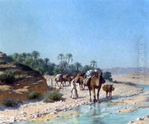 A Camel Train Crossing A Stream Oil Painting by Paul Jean Baptiste Lazerges