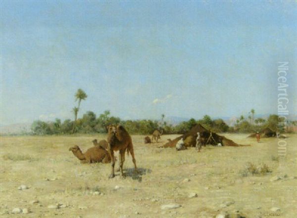 Camels By An Arab Encmpment Oil Painting by Paul Jean Baptiste Lazerges