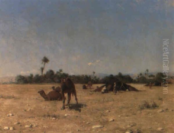 Camels By An Arab Encampment Oil Painting by Paul Jean Baptiste Lazerges