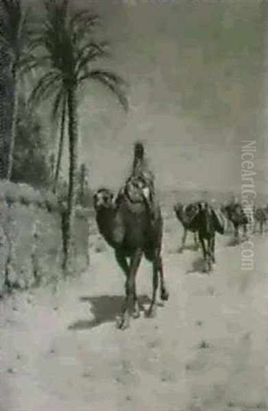 An Arab Caravan Outside A Village by Paul Jean Baptiste Lazerges