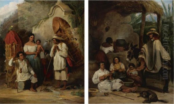 Two Paintings: Vendedor De Gallinas Caraqueno And Posada, Venezuela Oil Painting by Ferdinand Konrad Bellermann