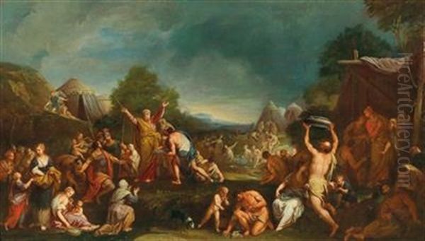 Moses And The Gathering Of The Manna By The Israelites Oil Painting by Gregorio Lazzarini