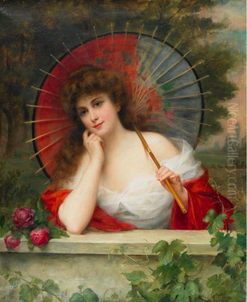 Beauty With Parasol At A Garden Wall Oil Painting by Alex Belles