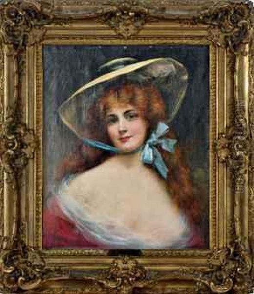 Portrait Of A Red Headed Beauty Wearing A Bonnet Oil Painting by Auguste Emile Bellet