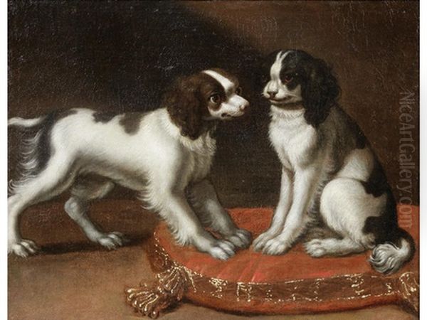 Two Spaniels On A Cushion Oil Painting by Raymond Le Vieux