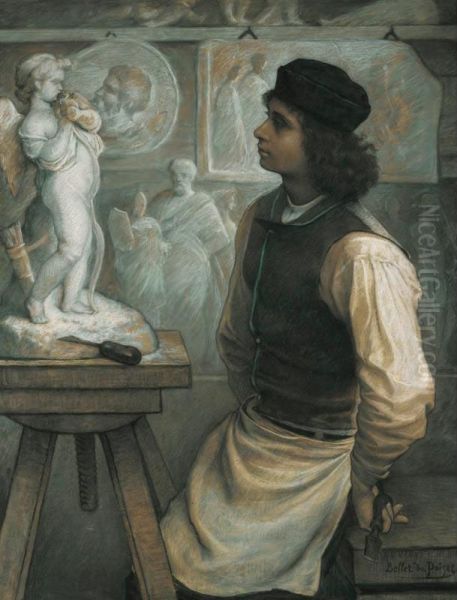 Le Jeune Sculpteur Dans Son Atelier. [, A Young Sculptor In His Studio; Pastel, Signed.] Oil Painting by Jean-Pierre J.Alfred Bellet Du Poisat