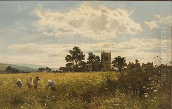 Figures In A Meadow, Church Tower Beyond Oil Painting by Benjamin Williams Leader