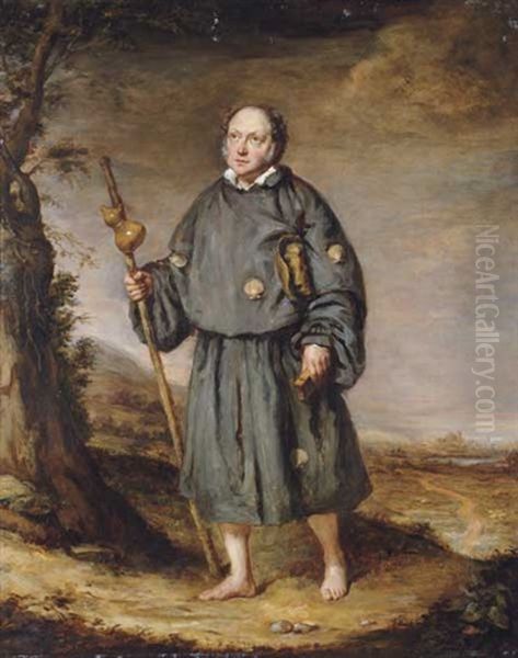 Portrait Of A Gentleman As A Pilgrim, On A Track, Holding A Staff With A Gourd And A Bible Oil Painting by Edward Daniel Leahy