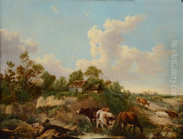 Pastoral Scene With Cattle By A River, A Boy Fishing By The Foreground Oil Painting by James Leakey