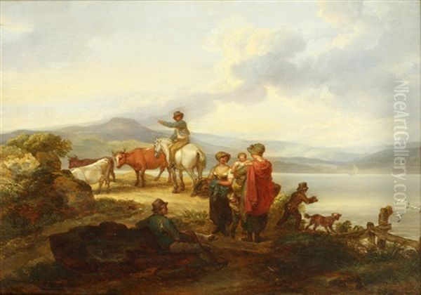 Figures In A Landscape Oil Painting by James Leakey