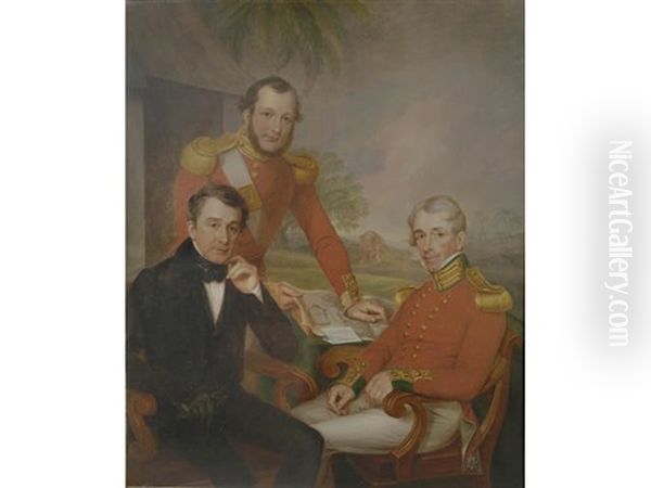 Triple Portrait Of Colonel Sir James Jackson, Major George Lee, And Major General Brice Wakeford Lee Oil Painting by James Leakey