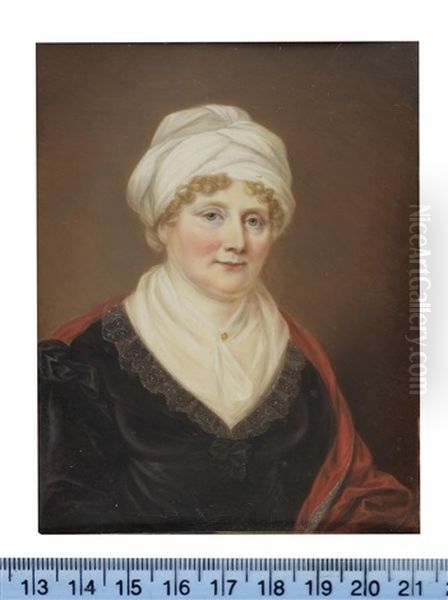 Elizabeth Foulkes Nee Fortescue (b. 1762)), Wearing Black Dress With Lace Trim, Her White Fill-in Fastened With A Gold Brooch Pin Oil Painting by James Leakey