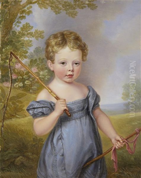 Henry Hyde Pennell (1823-1828), Standing Before A Landscape, Wearing A Blue Smock Dress With Embroidered Detail And Puffed Sleeves Oil Painting by James Leakey