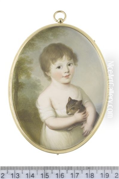 Mrs Jane Pennell (nee Hyde) (1799-1876) As A Young Girl, Standing Before A Landscape, Holding A Kitten In Her Arms And Wearing White Short Sleeved Dress Cut To Her Shoulders, Her Brown Hair Cut Short Oil Painting by James Leakey