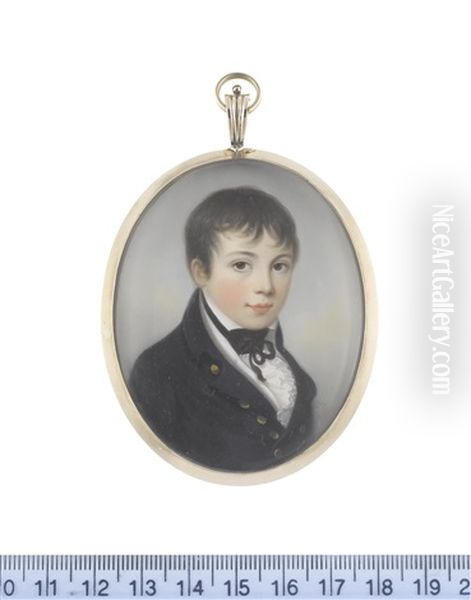 A Young Midshipman, Wearing Dark Blue Coat, White Waistcoat, Chemise And Frilled Cravat, Black Stock And Ribbon Necktie Oil Painting by James Leakey