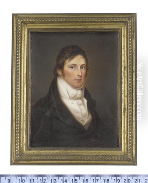 Portraits Of Mr And Mrs James Blair (1789-1841): The Former, Wearing Black Coat...; The Former, Wearing White Gown Gathered Under Her Empire Line (pair) Oil Painting by James Leakey