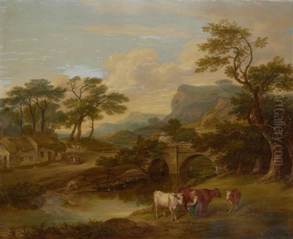 Rustics By An Overshot Mill (+ Milkmaid By A Stream; Pair) Oil Painting by James Leakey