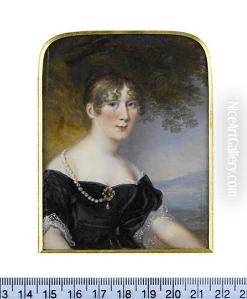 Susannah Smith (nee Mackworth-praed), Seated In A Landscape, Wearing Black Decollete Dress With White Lace Trim, A Strand Of Large Pearls Suspended... Oil Painting by James Leakey