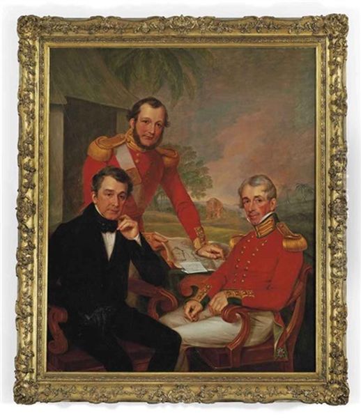 Triple Portrait Of Colonel Sir James Jackson, Major George Lee, And Major General Brice Wakeford Lee, At A Desk In A Landscape, With A Map And A Letter... Oil Painting by James Leakey