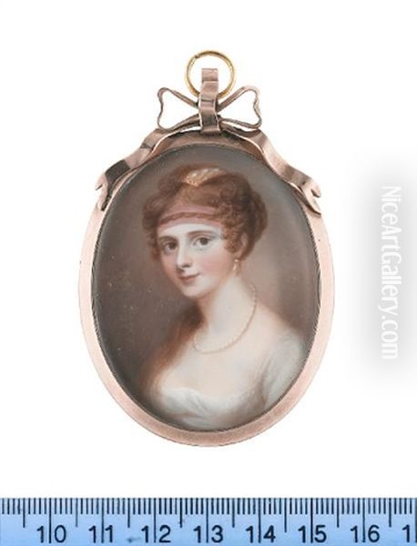 Mrs Charlotte Trevanion, Wearing White Dress, Pearl Necklace, Pearl Pendent Earrings, Her Hair Upswept And Parted, The Back Plaited, Tied In A Knot With A Section Left Long In Front Of Her Shoulder Oil Painting by James Leakey