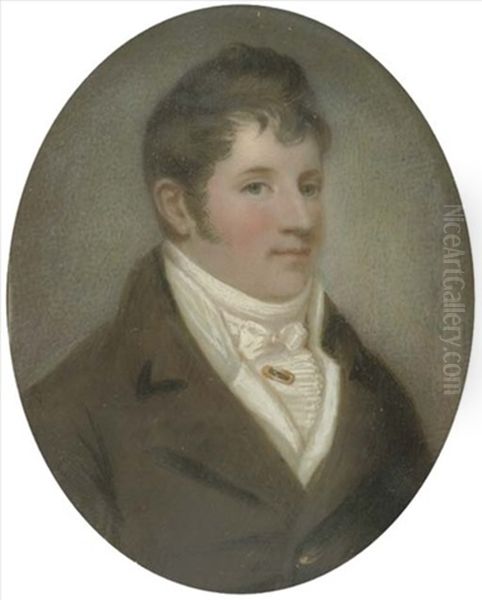 A Gentleman In Brown Coat And Pleated White Cravat With Stickpin Oil Painting by James Leakey