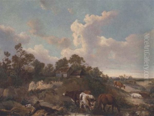 A Drover With Cattle Before A Barn Oil Painting by James Leakey