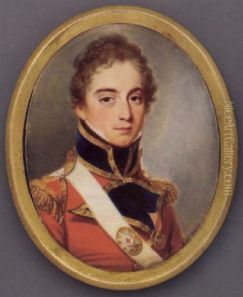 Lieutenant-colonel W. George Collier In Scarlet Coat Of The Coldstream Guards, With Blue Collar And Facings, Gold Epaulettes, White Cross Sash, White Shirt And Black Stock Oil Painting by James Leakey