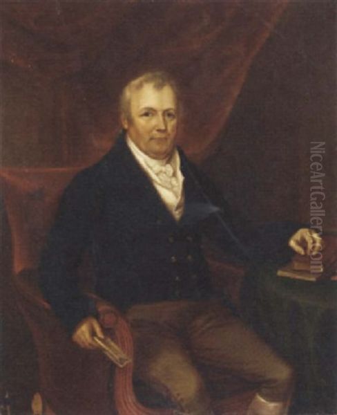 Portrait Of A Gentleman In A Blue Jacket, Seated At A Table And Holding A Note In His Right Hand Oil Painting by James Leakey