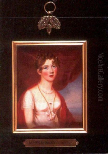 Portrait Of A Lady, Seated, In White Dress With Tied Waistband, A Gold And Ruby Brooch At Her Corsage Oil Painting by James Leakey