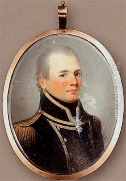 A Naval Officer, With Short Powdered Hair, Wearing Blue Uniform With Gold Trim, Epaulettes And Buttons, Black Stock And White Gauze Cravat Oil Painting by James Leakey