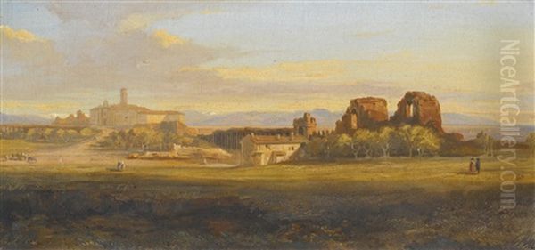 A View Of The Roman Campagna, A Villa And Aqueduct In The Distance Oil Painting by Edward Lear