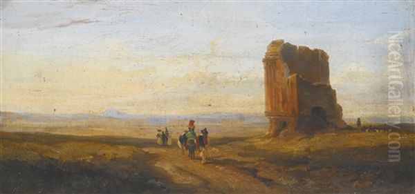 A View Of The Roman Campagna With Travellers Passing A Ruined Brick Tomb, An Aqueduct In The Distance Oil Painting by Edward Lear