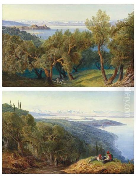 Corfu From The Village Of Ascension (+ Corfu From The Benitza Road, On The Hill Of Gastouri; Pair) Oil Painting by Edward Lear