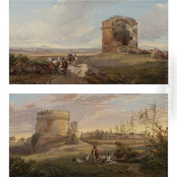 Tomb Of Cecilia Metella On The Via Appia, Rome (+ Tor Di Schiavi On The Via Labicana, Rome; 2 Works) Oil Painting by Edward Lear