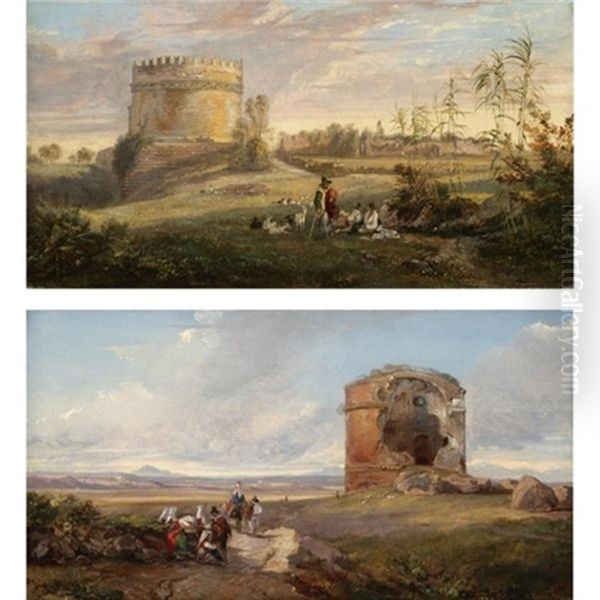 The Tomb Of Cecilia Metella On The Via Appia, Rome (+ The Tor Di Schiavi On The Via Labicana, Rome; Pair) Oil Painting by Edward Lear