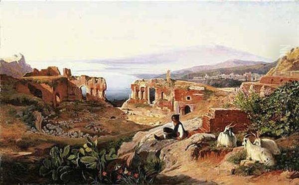 A View Of Taormina, Sicily, With Mt. Etna In The Distance Oil Painting by Edward Lear