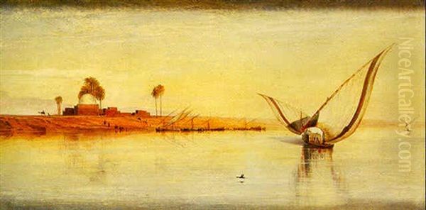 Nileboats Near Deir El Kadige, Noon Oil Painting by Edward Lear